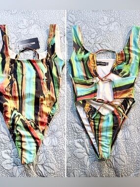 NWT PrettyLittleThing Green Marble Print Cut Out String Swimsuit One Piece~6💚